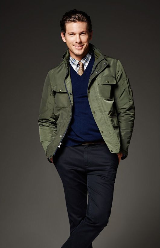 Men's Olive Field Jacket, Navy V-neck Sweater, Grey Plaid Dress