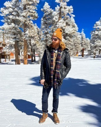 Navy Plaid Scarf Outfits For Men: The combo of a black leather field jacket and a navy plaid scarf makes for a solid casual getup. Here's how to elevate this look: brown leather casual boots.