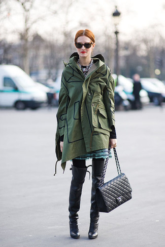 Knee High Boots Outfits: Go for a straightforward but at the same time edgy and casual choice by putting together a dark green fishtail parka and a blue horizontal striped mini skirt. A pair of knee high boots immediately amps up the style factor of any outfit.