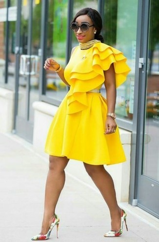 Women's Yellow Ruffle Fit and Flare Dress, White Floral Leather Pumps, Black Sunglasses, Gold Watch