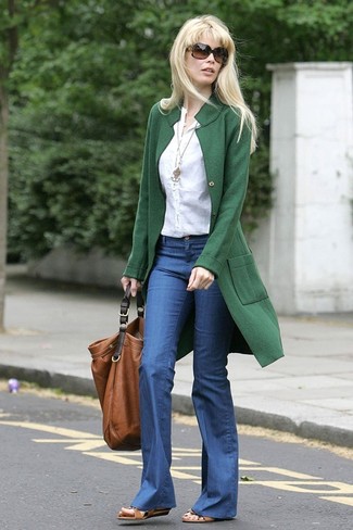 Women's Brown Leather Flat Sandals, Blue Flare Jeans, White Button Down Blouse, Dark Green Coat