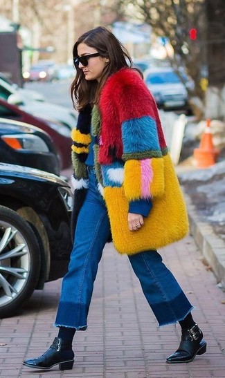 Women's Black Leather Ankle Boots, Blue Flare Jeans, Blue Crew-neck Sweater, Multi colored Fur Coat