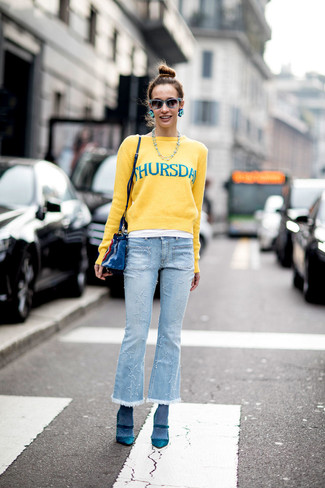 Yellow Print Crew-neck Sweater Outfits For Women: 