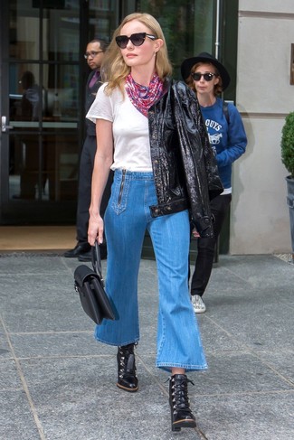 Kate Bosworth wearing Black Leather Lace-up Ankle Boots, Blue Flare Jeans, White Crew-neck T-shirt, Black Leather Shirt Jacket