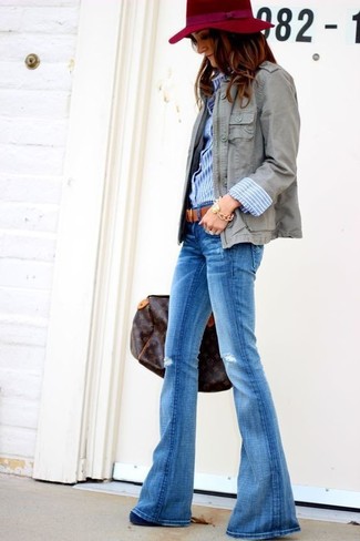 Women's Navy Suede Pumps, Blue Flare Jeans, Blue Vertical Striped Dress Shirt, Grey Military Jacket