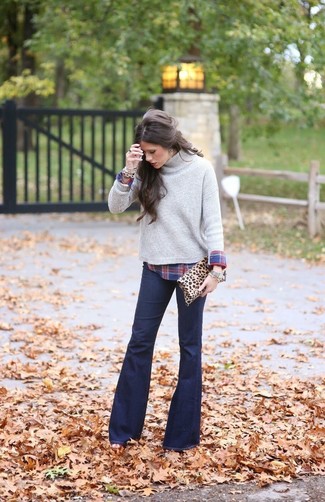 Women's Tan Leopard Suede Clutch, Navy Flare Jeans, Red and Navy Plaid Dress Shirt, Grey Knit Turtleneck