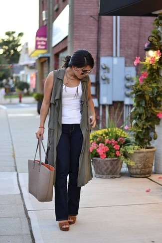 Women's Brown Leather Heeled Sandals, Navy Flare Jeans, White Tank, Olive Sleeveless Coat