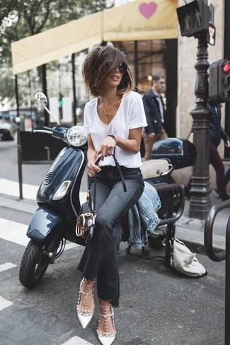 Women's White Studded Leather Pumps, Black Flare Jeans, White V-neck T-shirt, Light Blue Denim Jacket