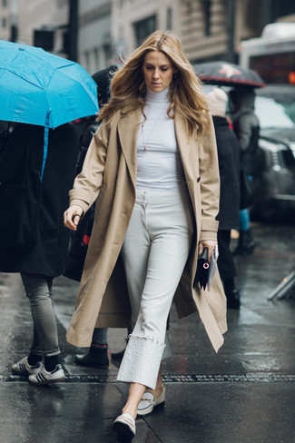 Women's White Leather Loafers, White Flare Pants, White Turtleneck, Camel Coat