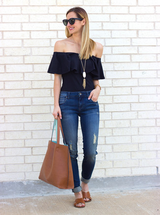 Black Ruffle Off Shoulder Top Outfits: 