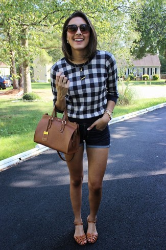 Women's Brown Leather Tote Bag, Tobacco Leather Flat Sandals, Navy Denim Shorts, Black and White Plaid Crew-neck Sweater