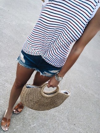 Women's Tan Straw Tote Bag, Brown Leather Flat Sandals, Blue Ripped Denim Shorts, White Horizontal Striped Tank