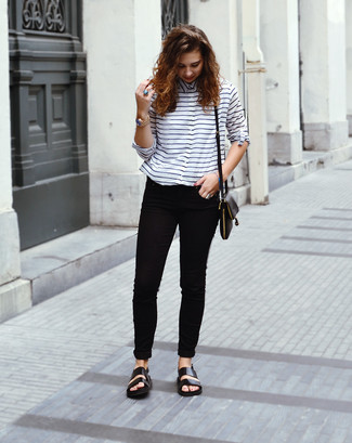 White and Black Horizontal Striped Dress Shirt Outfits For Women: 