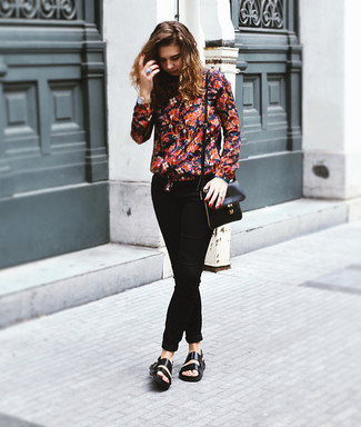 Red Floral Long Sleeve Blouse Outfits: 