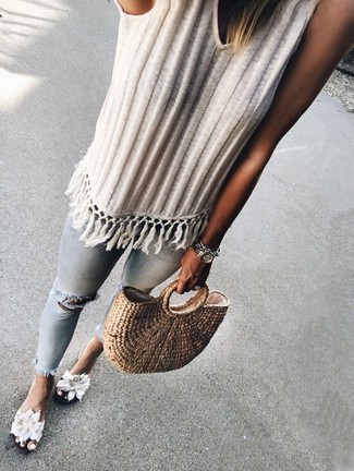 Women's Tan Straw Tote Bag, White Floral Canvas Flat Sandals, Light Blue Ripped Skinny Jeans, White Knit Tank