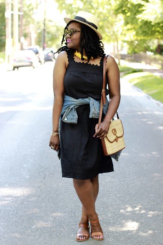 Women's Tan Straw Crossbody Bag, Tan Leather Flat Sandals, Black Crochet Tank Dress, Blue Denim Jacket