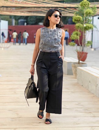 Charcoal Embroidered Sleeveless Top Outfits: 
