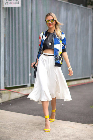 Women's Yellow Leather Heeled Sandals, White Full Skirt, Black Leather Cropped Top, Blue Floral Bomber Jacket