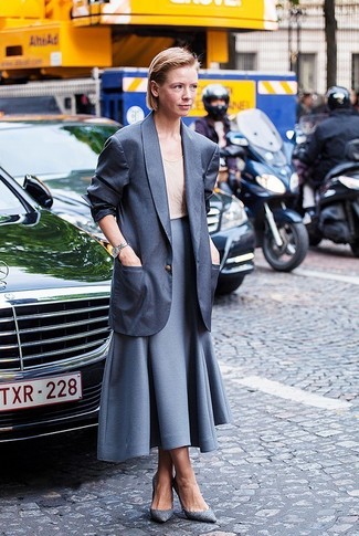 Women's Grey Leather Pumps, Grey Full Skirt, Beige Tank, Charcoal Blazer