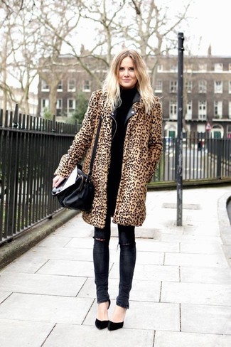Women's Tan Leopard Fur Coat, Black Leather Biker Jacket, Black Turtleneck, Charcoal Ripped Skinny Jeans