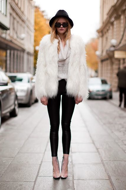 Women's White Fur Coat, Beige Cowl-neck Sweater, Black Leather Leggings,  Black Hat