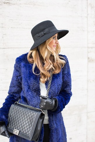 Black Wool Hat Outfits For Women: Make a blue fur coat and a black wool hat your outfit choice for a sophisticated yet casual look.