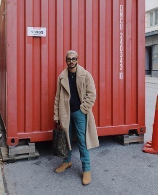 Tan Chelsea Boots Outfits For Men: This combination of a tan fur coat and teal chinos spells versatility and stylish functionality. You could follow a more elegant route with footwear by wearing a pair of tan chelsea boots.