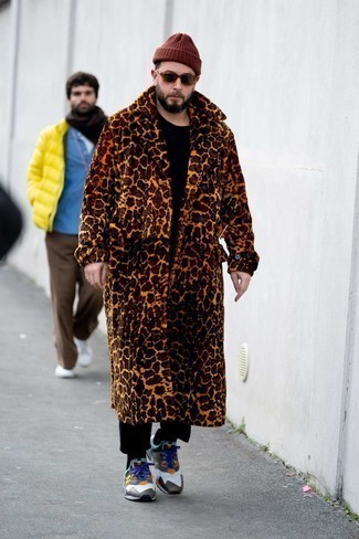 Espiritu Salvaje Leopard Jacquard Wool Blend Hooded Sweater Coat