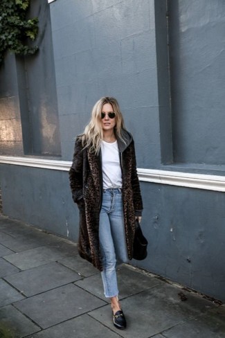 Tobacco Fur Coat Outfits: A tobacco fur coat and light blue jeans make for the ultimate cool laid-back look. A pair of black leather loafers looks fabulous completing your ensemble.