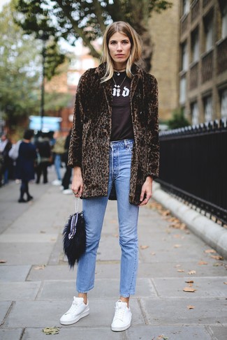 Black Fur Clutch Outfits: Wear a dark brown leopard fur coat with a black fur clutch to get a casual and comfy look. If in doubt about what to wear when it comes to shoes, add white leather low top sneakers to the equation.