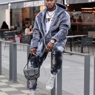 Grey Canvas High Top Sneakers Outfits For Men: If you wish take your casual game up a notch, make a blue fur coat and navy and white tie-dye sweatpants your outfit choice. Make your outfit more functional by rounding off with a pair of grey canvas high top sneakers.