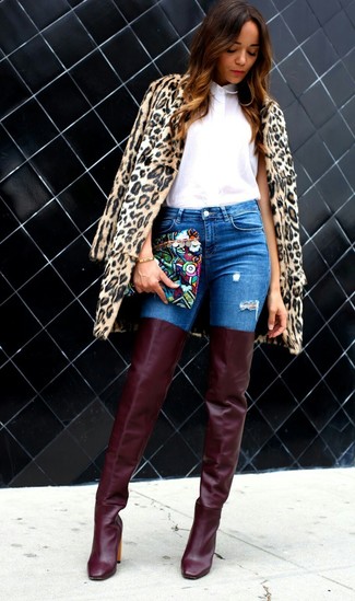 Women's Tan Leopard Fur Coat, White Dress Shirt, Blue Skinny Jeans, Burgundy Leather Over The Knee Boots