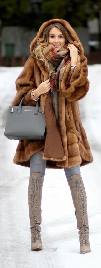 Women's Brown Fur Coat, Grey Skinny Jeans, Grey Suede Knee High Boots, Grey Leather Tote Bag