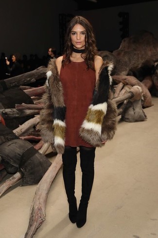 Brown Fur Coat Outfits: A brown fur coat and a brown suede tank dress are the kind of stylish casual items that you can wear a myriad of ways. If you want to feel a bit fancier now, complement your outfit with black suede over the knee boots.