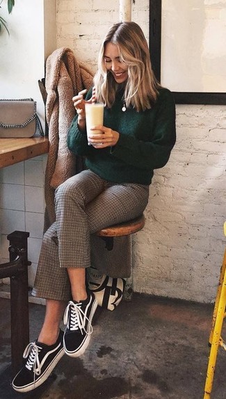 Tan Fur Coat Outfits: If you're looking to take your casual game to a new level, reach for a tan fur coat and brown check culottes. Bump up this whole getup by sporting a pair of black and white canvas low top sneakers.