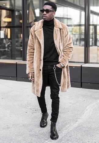 Tan Fur Coat Outfits For Men: This relaxed casual combination of a tan fur coat and black ripped jeans is simple, seriously stylish and extremely easy to imitate. Complement your outfit with black leather casual boots to make the getup a bit more polished.