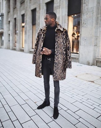 Black Chelsea Boots with Fur Coat Outfits For Men: If you're looking for a casual and at the same time on-trend outfit, consider wearing a fur coat and charcoal jeans. To give your overall outfit a more elegant touch, why not introduce black chelsea boots to your outfit?