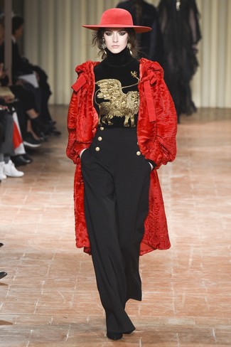 Women's Red Fur Coat, Black Embroidered Velvet Turtleneck, Black Wide Leg Pants, Black Suede Ankle Boots