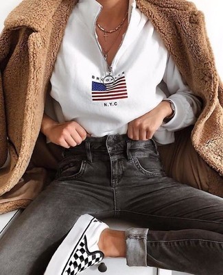 Women's Brown Fur Coat, White Print Zip Neck Sweater, Charcoal Skinny Jeans, White and Black Check Slip-on Sneakers