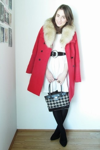 Women's Red Fur Collar Coat, White Knit Casual Dress, Black Suede Ballerina Shoes, White and Black Plaid Canvas Tote Bag