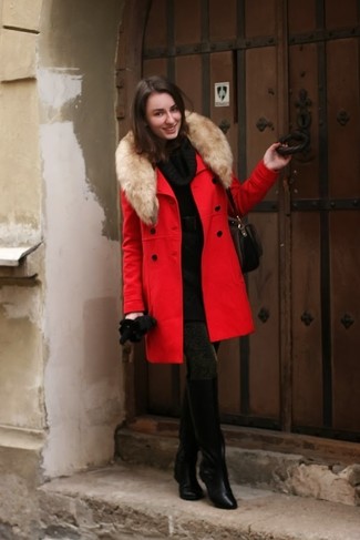 Black Wool Gloves Outfits For Women: Why not make a red fur collar coat and black wool gloves your outfit choice? As well as totally practical, these pieces look fabulous when worn together. Balance this getup with a more polished kind of shoes, such as these black leather knee high boots.