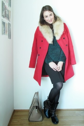 Red Fur Collar Coat Outfits: A red fur collar coat and a black pencil skirt are absolute mainstays if you're planning a polished wardrobe that matches up to the highest sartorial standards. For something more on the cool and casual end to finish this getup, complement this outfit with a pair of black studded leather mid-calf boots.