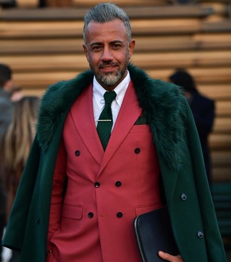Men's Dark Green Fur Collar Coat, Red Double Breasted Blazer, White Dress Shirt, Dark Green Print Tie