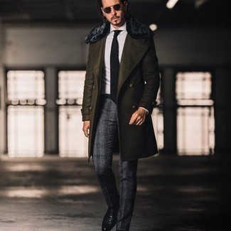Fur Collar Coat Outfits For Men: Boost your sartorial game in this combination of a fur collar coat and charcoal plaid chinos. Give a different twist to an otherwise utilitarian look by slipping into a pair of black leather chelsea boots.