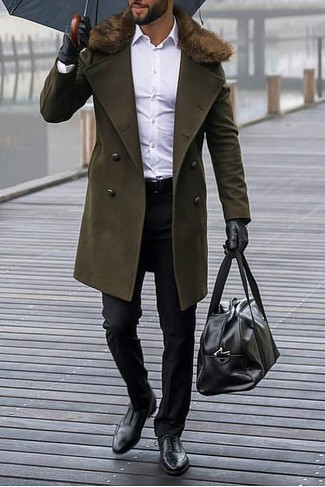 Fur Collar Coat Outfits For Men: We're loving the way this combination of a fur collar coat and black dress pants immediately makes any man look sophisticated and dapper. Our favorite of a multitude of ways to complete this outfit is a pair of black leather oxford shoes.