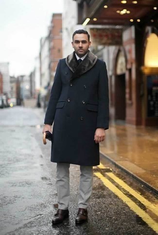 Fur Collar Coat Outfits For Men: Undeniable proof that a fur collar coat and grey dress pants are awesome when combined together in an elegant outfit for today's gent. Dark brown leather double monks will add a whole new dimension to your getup.
