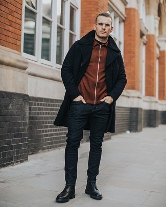 Storm System Wool Melton Peacoat With Sherpa Collar Leather Details
