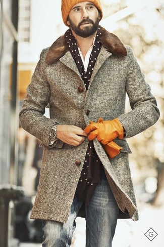 Men's Brown Fur Collar Coat, White Long Sleeve Shirt, Grey Jeans, Orange Beanie