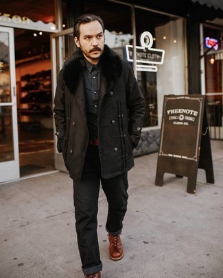 Men's Black Fur Collar Coat, Charcoal Long Sleeve Shirt, Black Jeans, Tobacco Leather Casual Boots