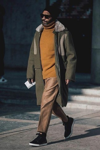 Dark Brown Turtleneck Outfits For Men: This off-duty pairing of a dark brown turtleneck and brown chinos is a surefire option when you need to look good in a flash. Complement your ensemble with black and white suede high top sneakers to immediately step up the street cred of your ensemble.
